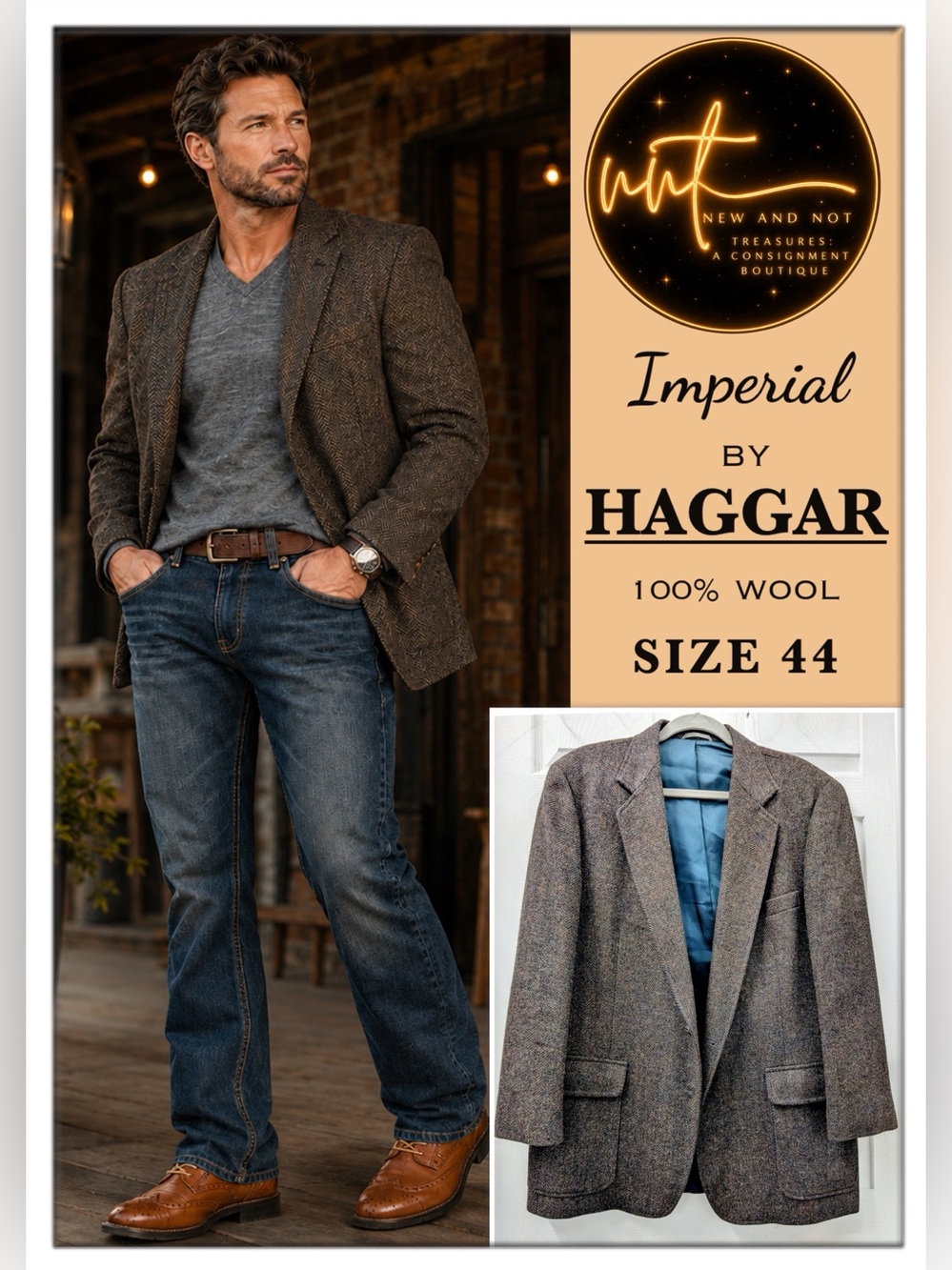 Vintage Imperial by Haggar 100% Pure Wool Tweed Blazer Sport Coat Brown